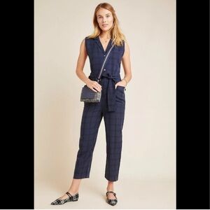 Anthropologie Brielle Navy Plaid Jumpsuit